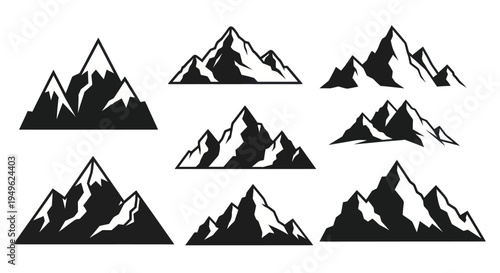 Set of various mountain peak silhouettes for outdoor adventures.
