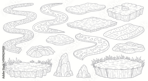 Set of various hand-drawn rock formations and stone elements, perfect for game assets or natural environment designs.