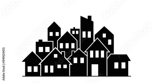 Silhouette of a diverse collection of houses and buildings creating a cityscape.