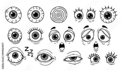 Funny Crazy Eye Doodle Set Abstract Hand Drawn Cartoon Eyeballs Creative Vector Illustration