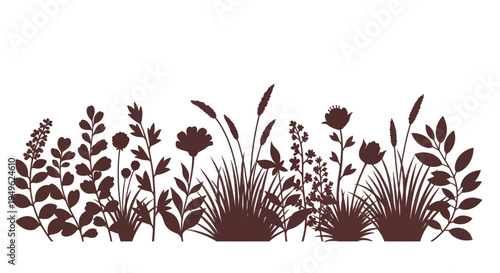 Silhouette of Wildflowers and Grasses Border Design.
