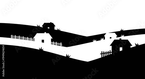 Simple Silhouette Farmhouses on Rolling Hills.
