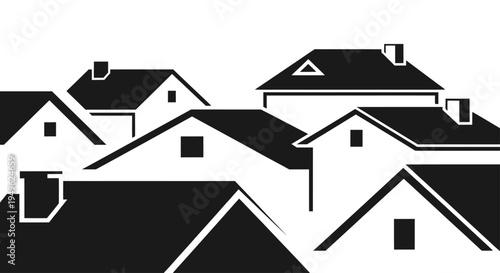 Stylized Black and White Illustration of a Cluster of Houses.