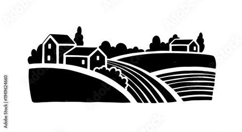 Stylized Black and White Illustration of a Rural Village Scene.