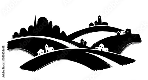 Stylized Black and White Landscape with Rolling Hills and Village Silhouettes.