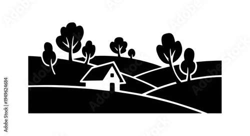 Stylized Black and White Rural Landscape with House and Trees.