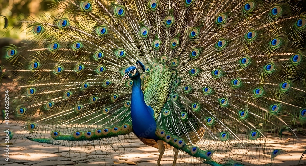 Fototapeta premium Majestic peacock displaying its vibrant iridescent train feathers in full glory