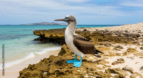 Blue-footed booby bird standing on rocky shore with turquoise ocean and sandy beach in background