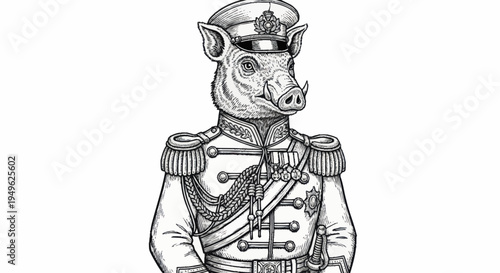 Anthropomorphic Pig in Military Uniform Detailed Illustration.