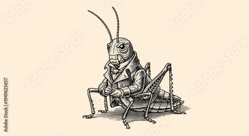 Anthropomorphic Grasshopper Dressed in Victorian Suit Standing Proudly.