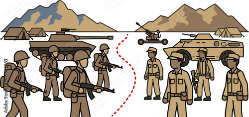 Vector illustration of two opposing military forces facing each other across a disputed border line in a mountainous region, with soldiers, tanks,