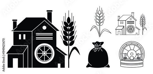 Watermill, wheat ears, flour bag, mill machinery vector icons, black and white illustrations for agriculture industry.