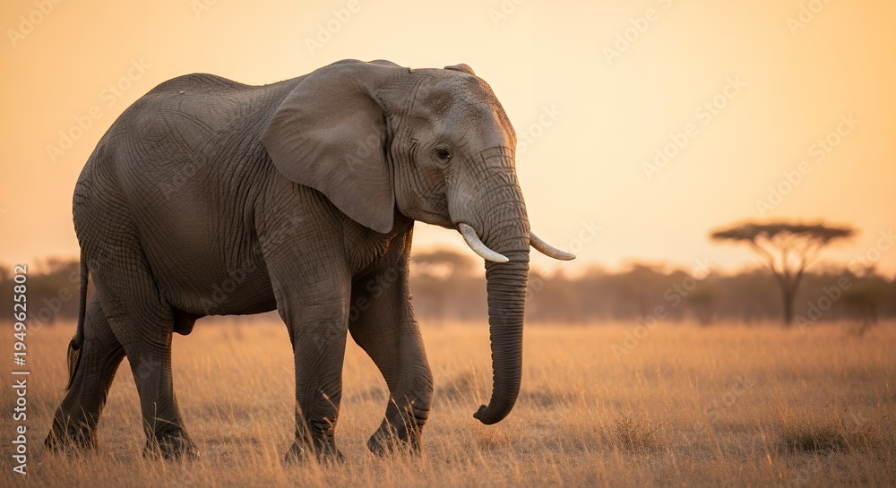 Obraz premium Elephant Walking at Golden Hour in African Savannah