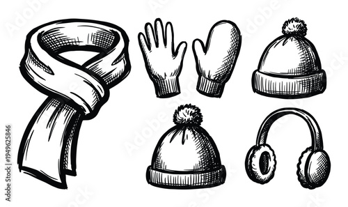 Winter clothing sketch illustration with scarf, gloves, mitten, beanies, earmuffs drawn in black and white isolated