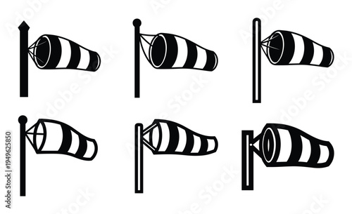 Wind direction indicators, windsock vectors set, aviation weather equipment direction, forecast symbols, meteorological icon