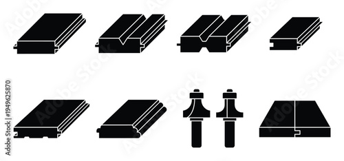Wood profiles cross sections vector illustration. Woodworking joinery detail of boards and router bits.