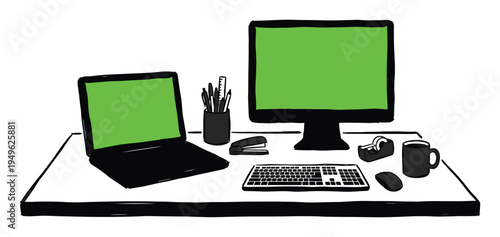 Workspace with laptop, monitor, office supplies on a desk with green screens and black elements doodle style