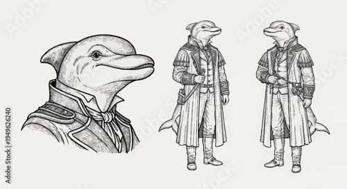 Anthropomorphic Dolphin Character in Victorian Attire.
