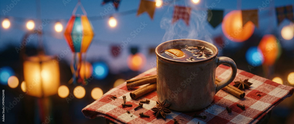 Obraz premium A cup of hot mulled wine with cinnamon and anise on a checkered tablecloth