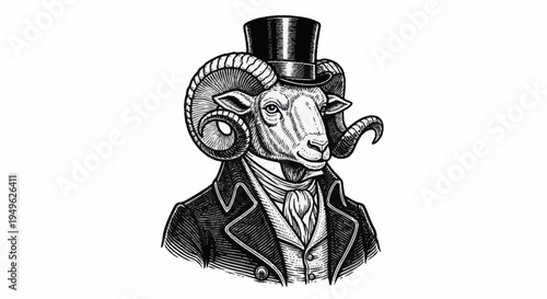 Elegant Ram Wearing a Top Hat and Suit.