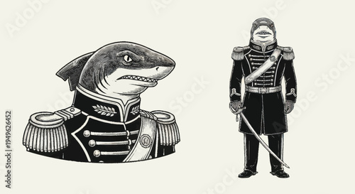 Shark Wearing Military Uniform With Sword.