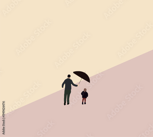 Father caring protect son from sunlight using umbrella walking on city street during daylight. Family concept.