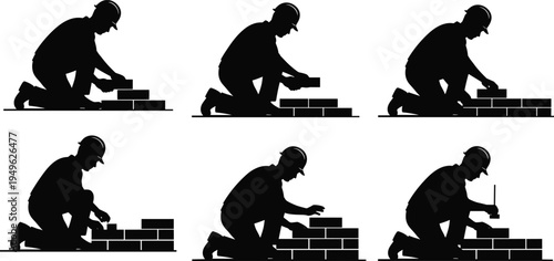 Bricklayer mason worker silhouettes laying bricks building wall construction process vector set isolated builder industry illustration collection