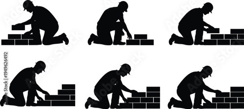 Bricklayer worker silhouettes laying bricks construction mason building wall process vector set isolated building industry illustration