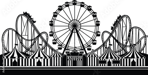 Amusement park carnival silhouette with ferris wheel roller coaster circus tents and fairground attractions vector illustration isolated