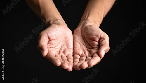 Close up of two human hands open with palms facing upward on a solid black background representing concepts of hope support request compassion and offering in a minimal visual style