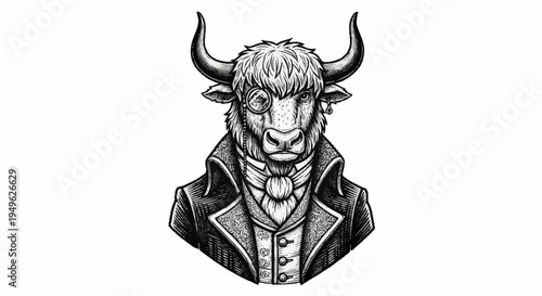 Anthropomorphic Bull Character in Victorian Attire.