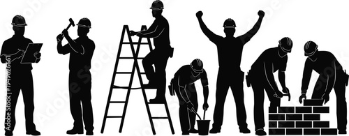 Construction worker silhouettes set with hammer ladder bricklaying inspection and teamwork builder industry labor vector illustration collection