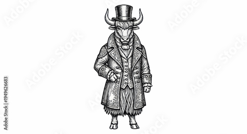 Anthropomorphic Bull Character in Victorian Attire.