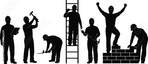 Construction worker silhouettes with hammer ladder bricklaying and inspection poses builder industry labor vector set isolated illustration