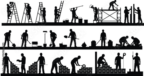 Construction workers silhouettes painting digging bricklaying ladder scaffolding and masonry tasks builder industry labor vector illustration set