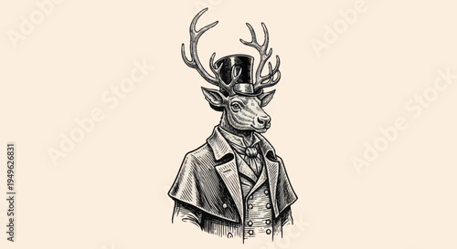 Elegant Stag Wearing Top Hat and Suit Illustration.