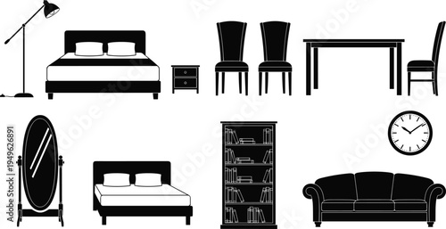 Home furniture silhouette set with bed sofa chairs table bookshelf mirror lamp and clock interior vector illustration collection