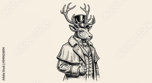 Elegant Deer Dressed in Vintage Victorian Attire.