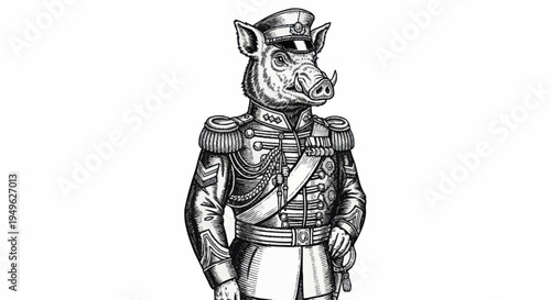 Anthropomorphic Pig Dressed in Military Uniform Illustration.