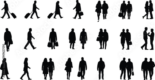 People walking silhouettes collection men women pedestrians travelers with luggage bags suitcase urban crowd vector set isolated illustration