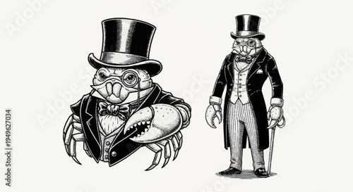 Elegant Crab Character in Formal Attire and Top Hat.