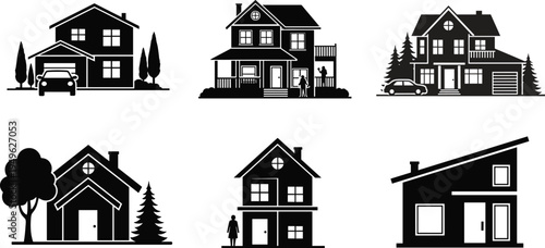 Residential house silhouettes collection with modern suburban homes garages trees cars and family lifestyle architecture vector illustration set