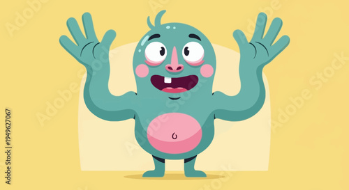 Friendly Teal Monster Character with Pink Belly and One Tooth Celebrating