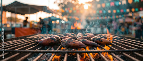 A close-up of mussels cooking on a grill at an outdoor market during sunset