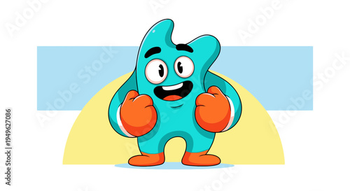 Excited Teal Blob Character Mascot with Orange Gloves and Happy Expression