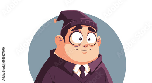 Chubby Male Character Portrait Wearing Purple Beanie and Sweater with Tie