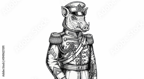 Anthropomorphic Pig in Military Uniform Illustration.