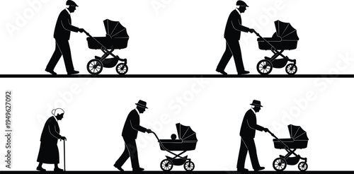 Silhouette of man pushing baby stroller and elderly woman walking with cane isolated vector illustration family life stages concept