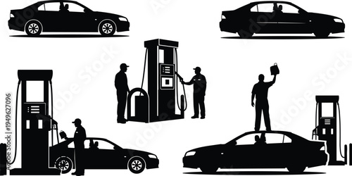 Silhouette set of car refueling at gas station with fuel pump driver holding fuel can isolated vector illustration