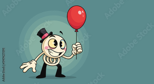 Vintage Style Spring Body Character Wearing Top Hat Holding Red Balloon